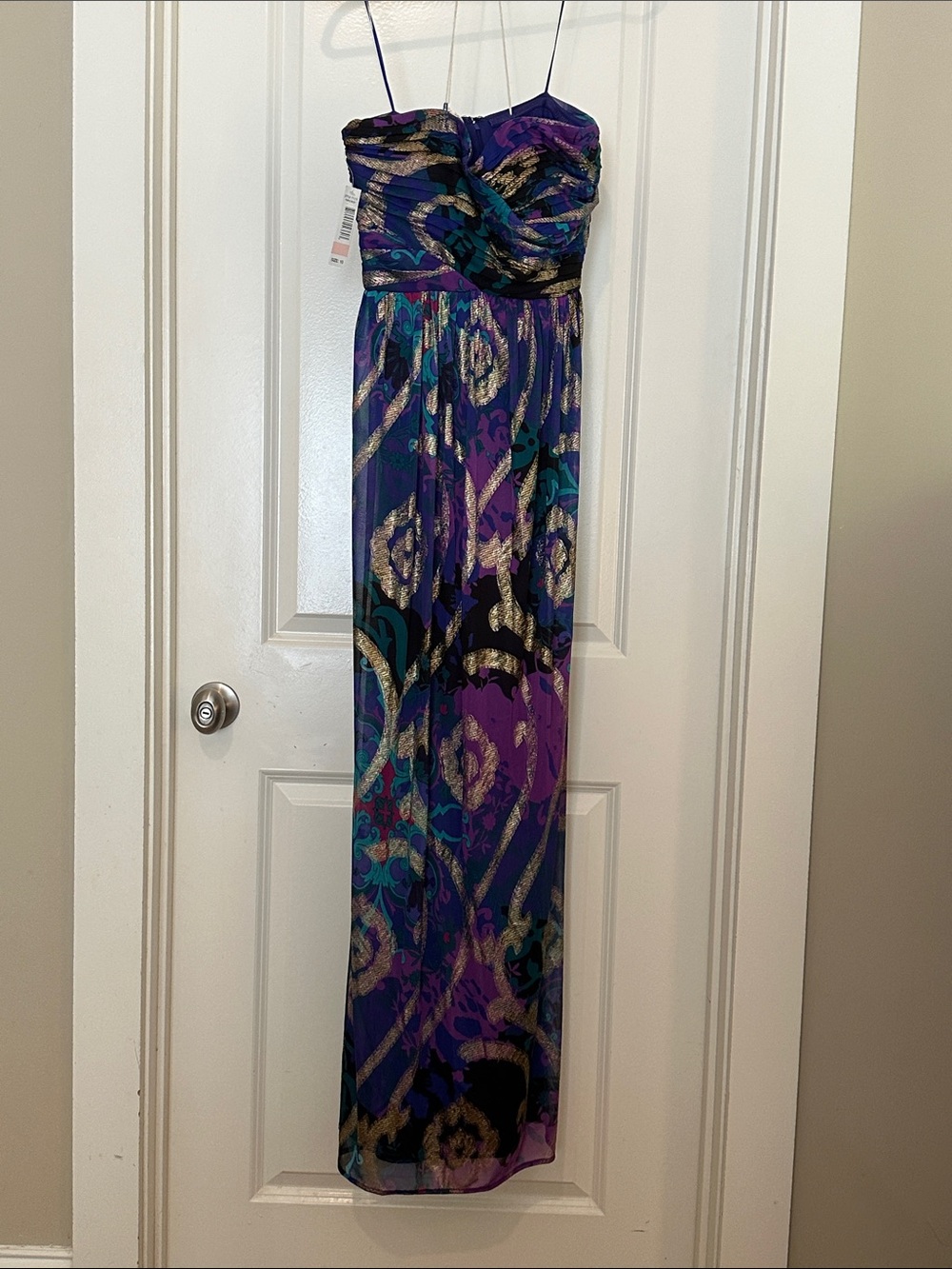 Strapless Printed floor length gown in Purple, Teal & Gold